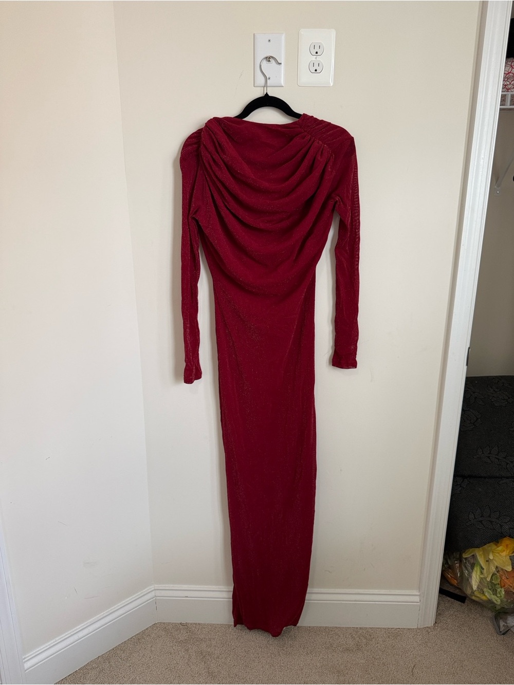 Fashion Nova Burgundy Long Sleeve Ruched Back Maxi Dress